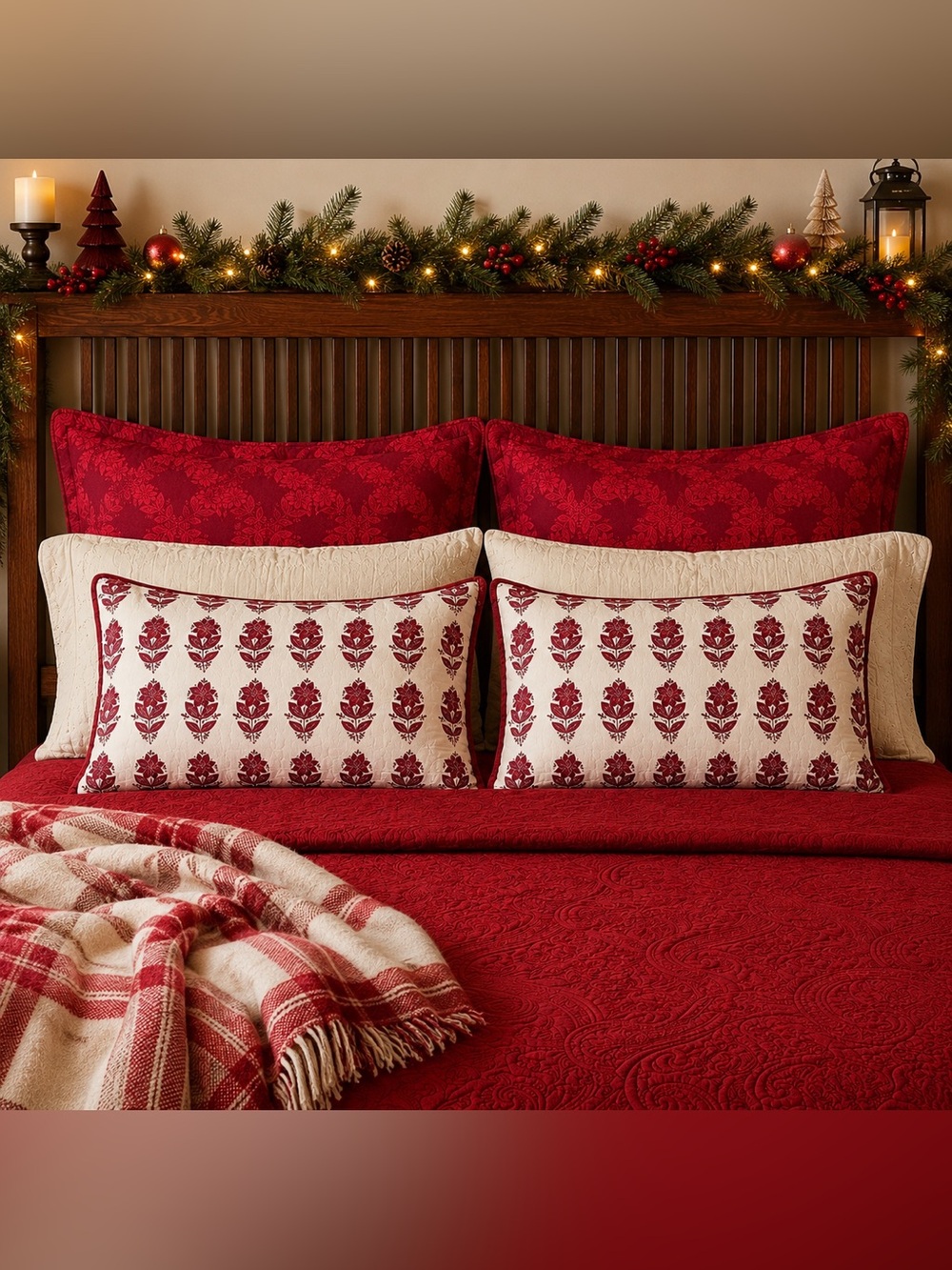 St. Nicholas Square Poinsettia Quilted Pillow Shams Red Cream Cottage Christmas